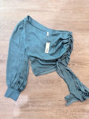 glam Blue-Green Satin One-Shoulder Ruched Top with Tie